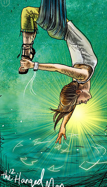 La impresión del tarot del hombre ahorcado