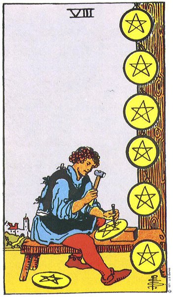 Carta del Tarot Ocho monedas