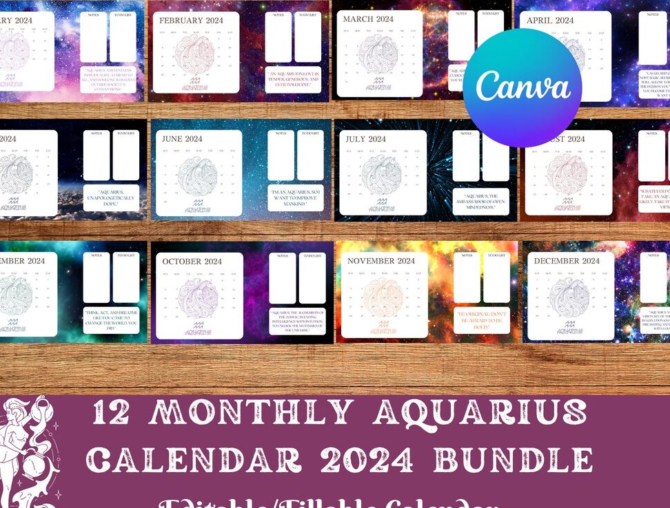 Calendario mensual EDITABLE 2024, Acuario Astrología Zodíaco...