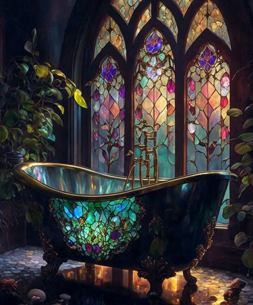 misterioso baño con vidrieras |